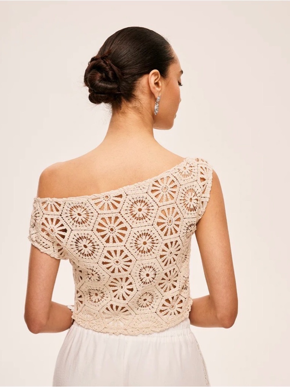 One-Shoulder Crochet Knit Top in Beige - Picture 2 of 6